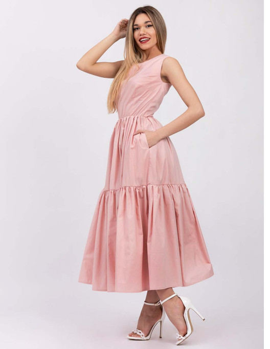 Rochie maxi cu volane, roze pudra